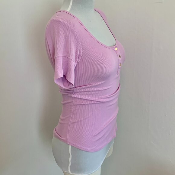 VTG 90s 2000 BEBE Lavender Ribbed Basic Short Sleeve Henley Top Button Purple S - Picture 8 of 12